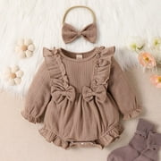 YYYTop Winter Fall Outfits for Girl 2024, 2 Year Old Girl Birthday Gift Infant Girls Long Sleeve Solid Bowknot Romper Newborn Bodysuits Headbands Set for 3-18 Months Baby Romper Baby Boy 6-9 Months Cl